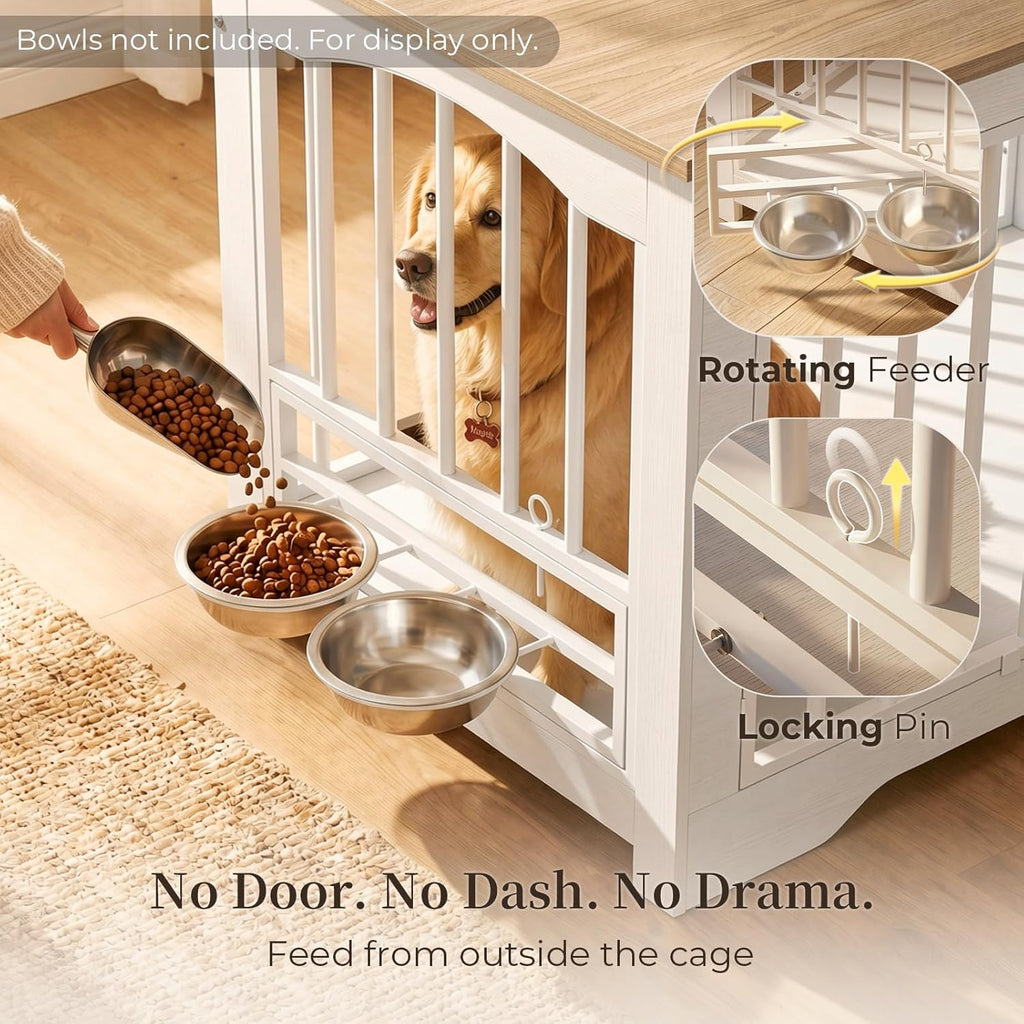 Dog Crate Furniture 38in, Wooden Indoor Pet Kennel End Table with 360 Degree Rotating Feeder Door, Secure Double Latches and Solid Base for Medium Dogs, Natural and White