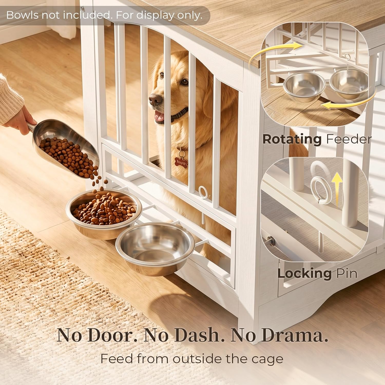 Dog Crate Furniture 38in, Wooden Indoor Pet Kennel End Table with 360 Degree Rotating Feeder Door, Secure Double Latches and Solid Base for Medium Dogs, Natural and White
