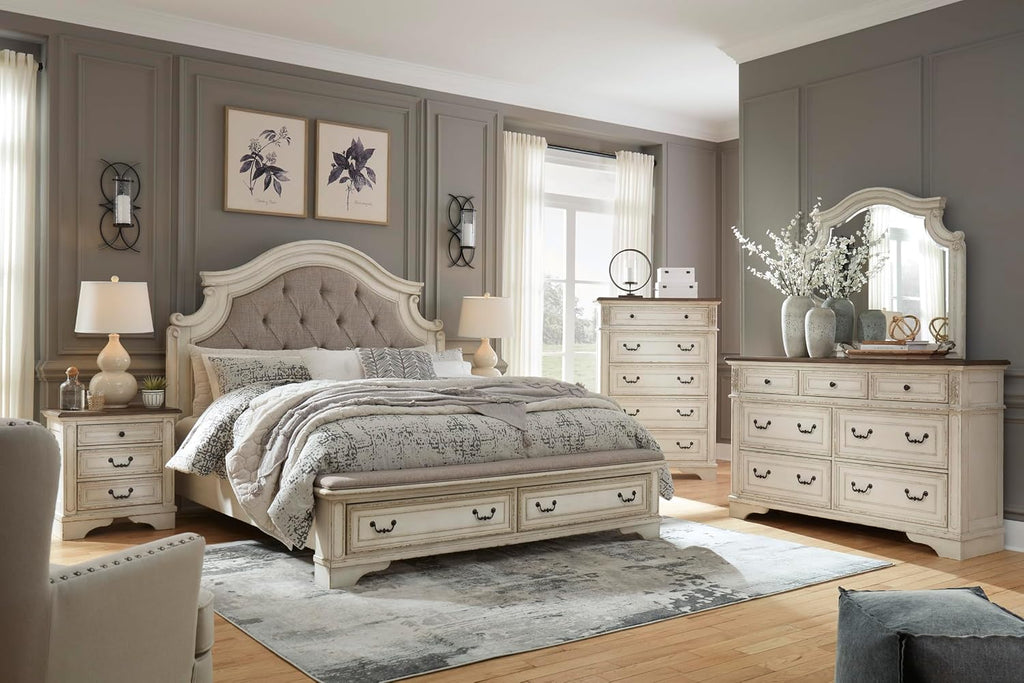 Signature Design by Ashley Realyn | French Country 7-Drawer Two-Tone Dresser – Fully Assembled, Decorative Corbels, Chipped White with Distressed Wood Top