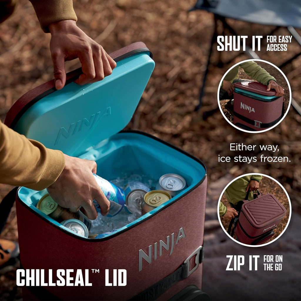 Ninja | Backpack Cooler | FrostVault Go 36 Can Soft Cooler | Leakproof Zipper with Built in Can Opener, 2 Ice Packs & Dry Storage Drawer | for Hiking, Camping & More | Canyon Red | FF136MR