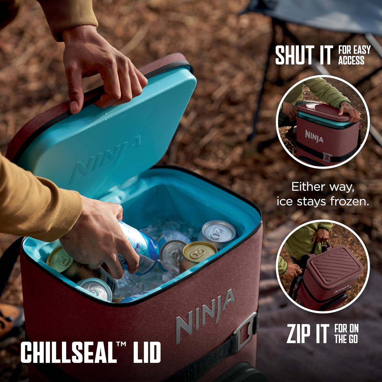 Ninja | Backpack Cooler | FrostVault Go 36 Can Soft Cooler | Leakproof Zipper with Built in Can Opener, 2 Ice Packs & Dry Storage Drawer | for Hiking, Camping & More | Canyon Red | FF136MR