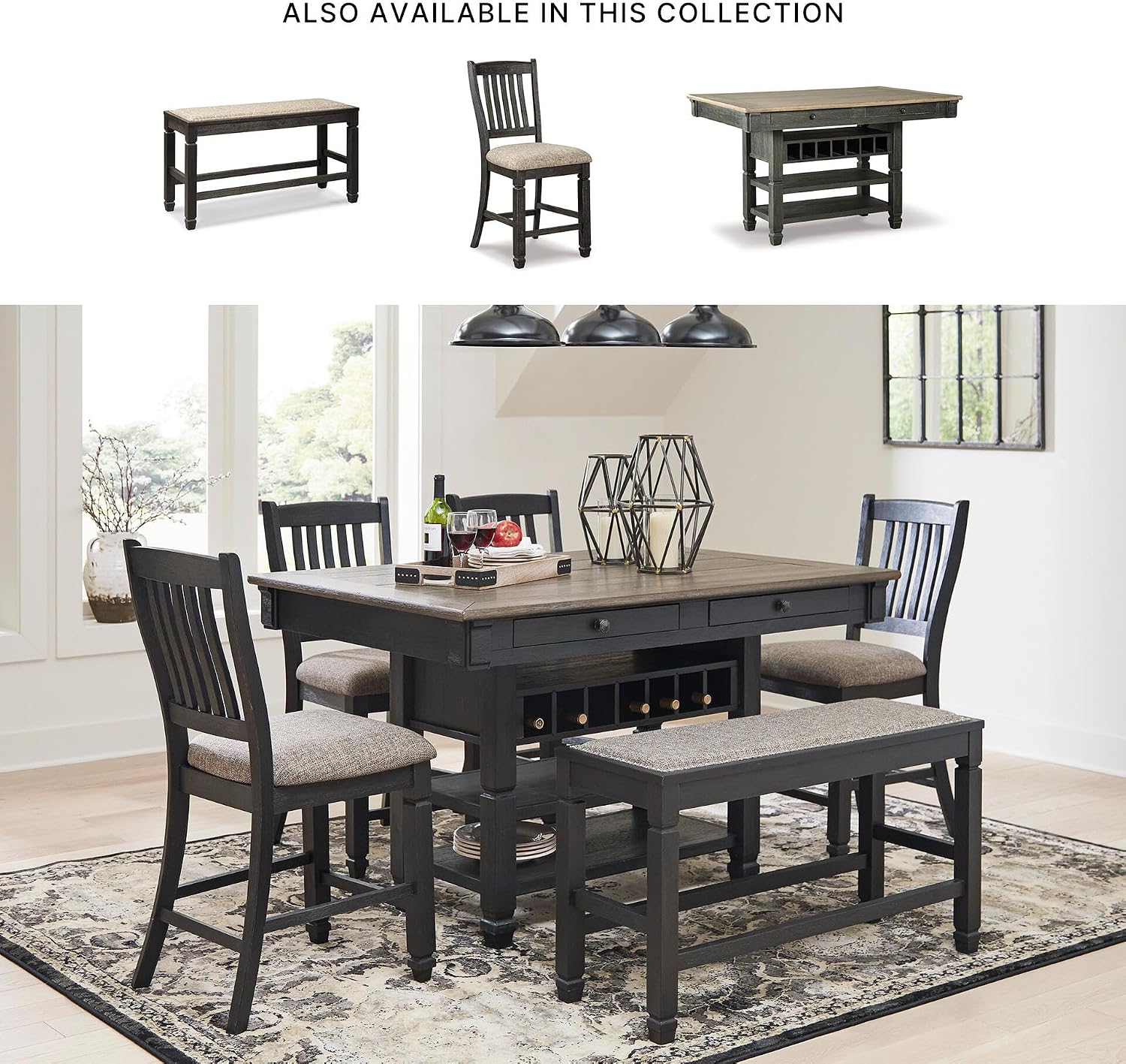 Signature Design by Ashley Tyler Creek Urban Farmhouse Counter Height Upholstered Dining Bench, Almost Black