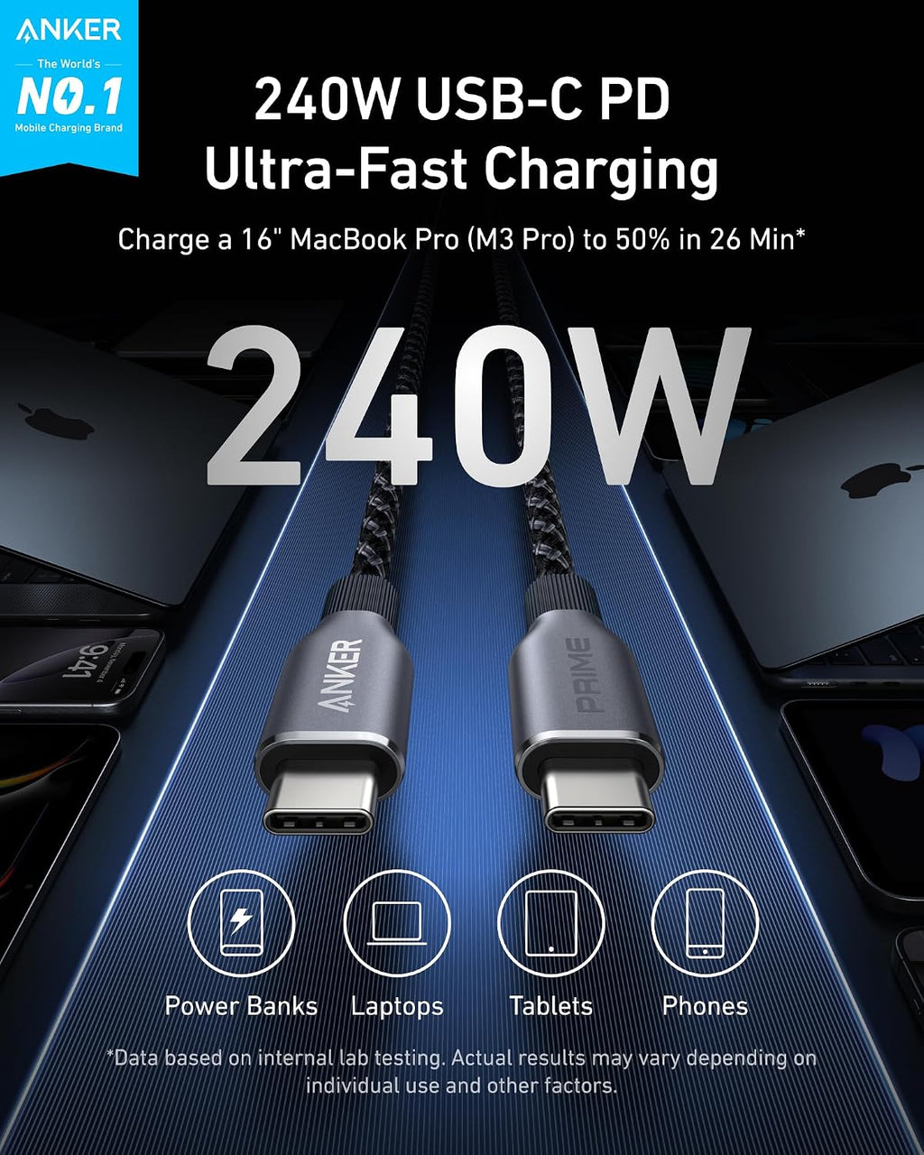 Anker Prime USB C to USB C Cable, 240W Fast Charging Cable (6 FT) | Upcycled braided nylon USB 2.0 cable with 100-year bend durability for iPhone 17/17 Pro/17 Pro Max, MacBook, Galaxy S24