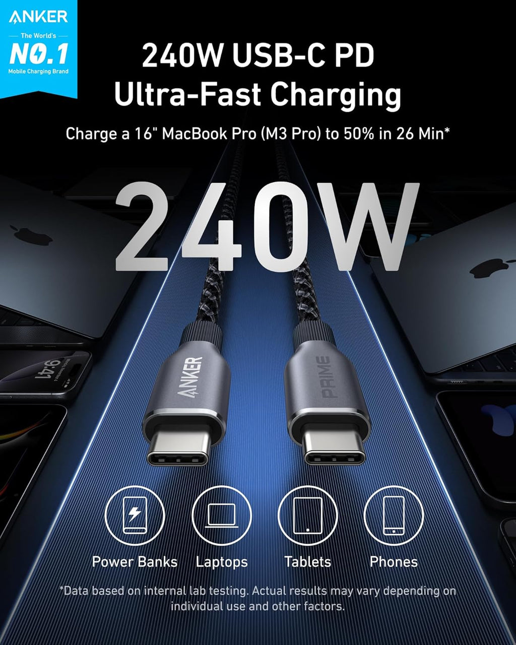 Anker Prime USB C to USB C Cable, 240W Fast Charging Cable (6 FT) | Upcycled braided nylon USB 2.0 cable with 100-year bend durability for iPhone 17/17 Pro/17 Pro Max, MacBook, Galaxy S24