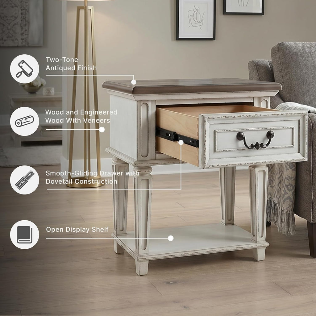 Signature Design by Ashley Realyn Traditional Cottage 1 Drawer Nightstand with Dovetail Construction & Open Display Shelf, Chipped White, 27" Tall, Distressed Brown