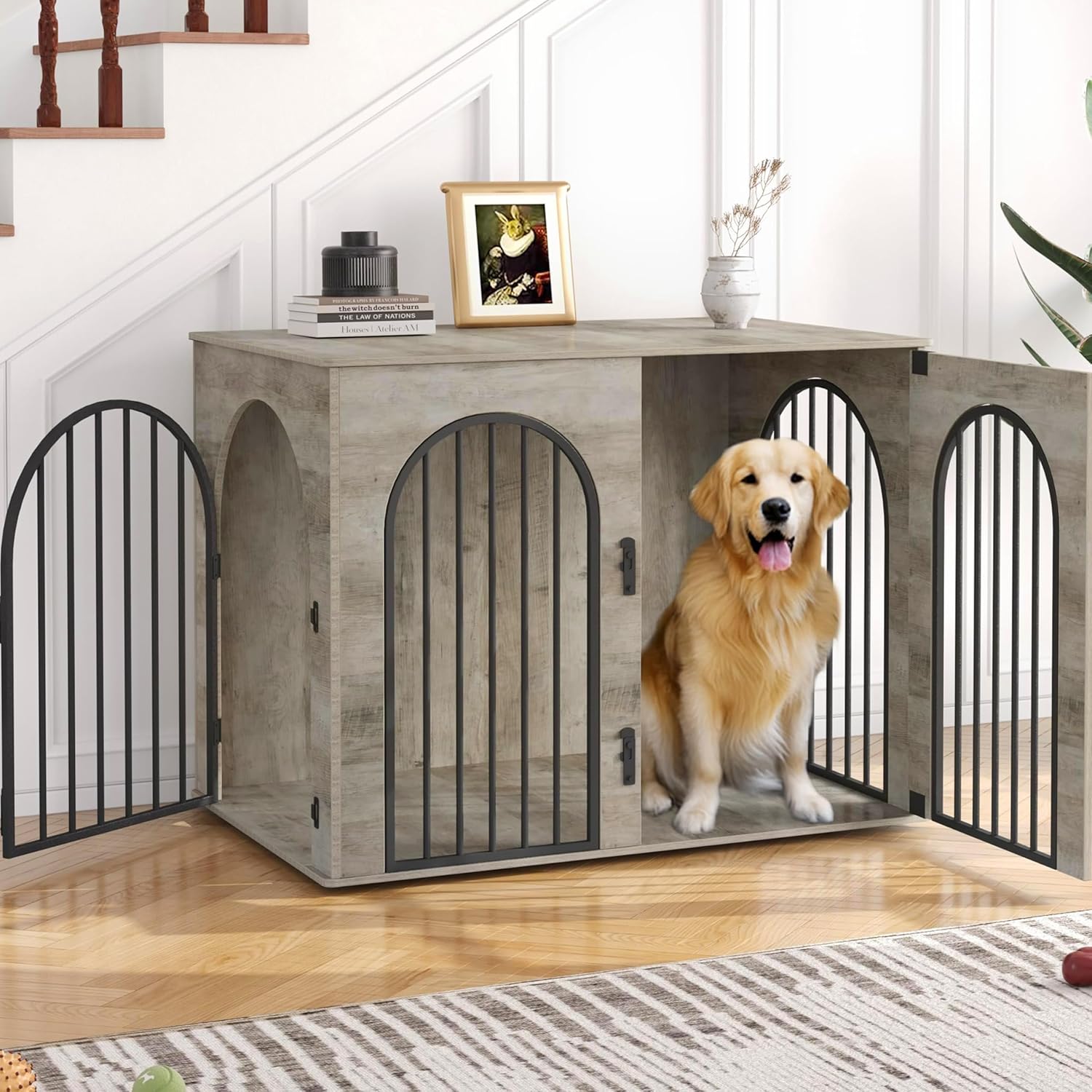Hzuaneri 31.5'' Wooden Dog Crate Furniture, Indoor Dog Kennel Dogs Cage for Small/Medium Dogs, Heavy Duty Dog Crates Decorative Pet House End Side Table TV Stand, White Brown DFC85114B