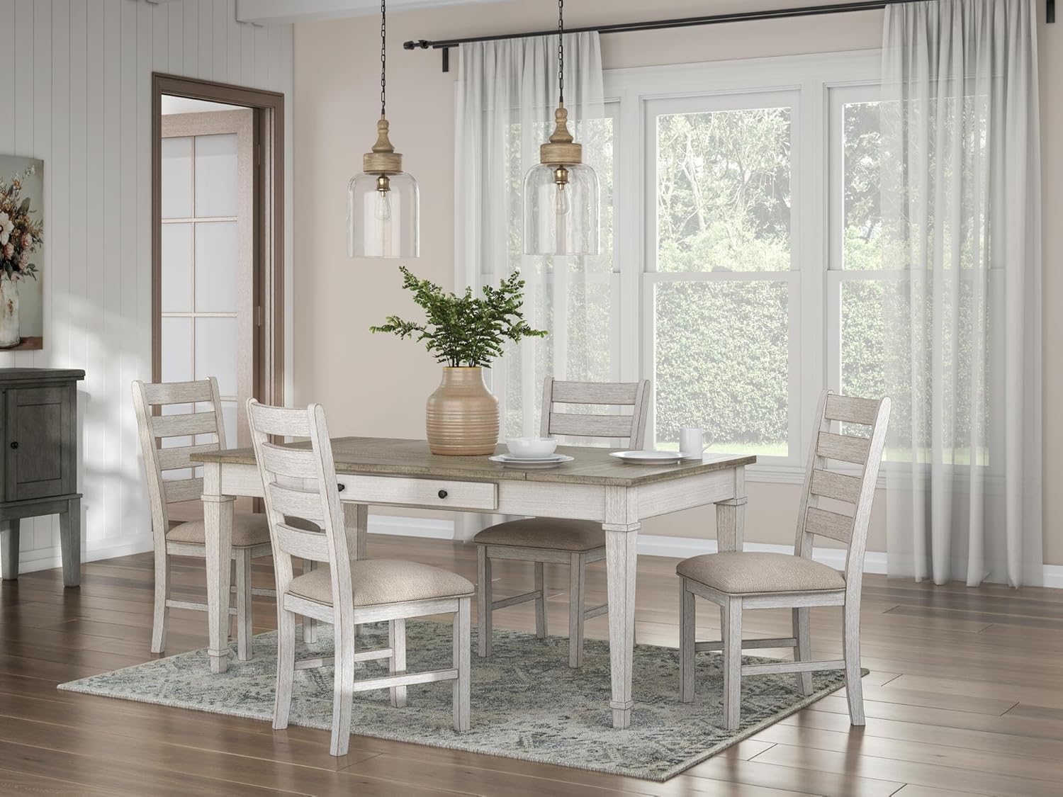 Signature Design by Ashley Skempton Modern Farmhouse Dining Room Chair, 2 Count, Ladderback Design, Wood, 17.75" W x 21.5" D x 38.63" H, White and Light Brown