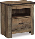 Signature Design by Ashley Trinell Rustic 1 Drawer Nightstand, USB Charing, Storage Cubby, Nailhead Accents, Wood, 24.72" W x 16.18" D x 26.22" H, Warm Brown