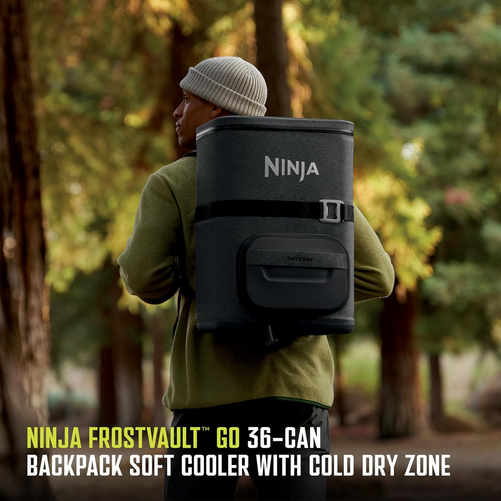 Ninja | Backpack Cooler | FrostVault Go 36 Can Soft Cooler | Leakproof Zipper with Built in Can Opener, 2 Ice Packs & Dry Storage Drawer | for Hiking, Camping & More |Charcoal Gray | FF136CG