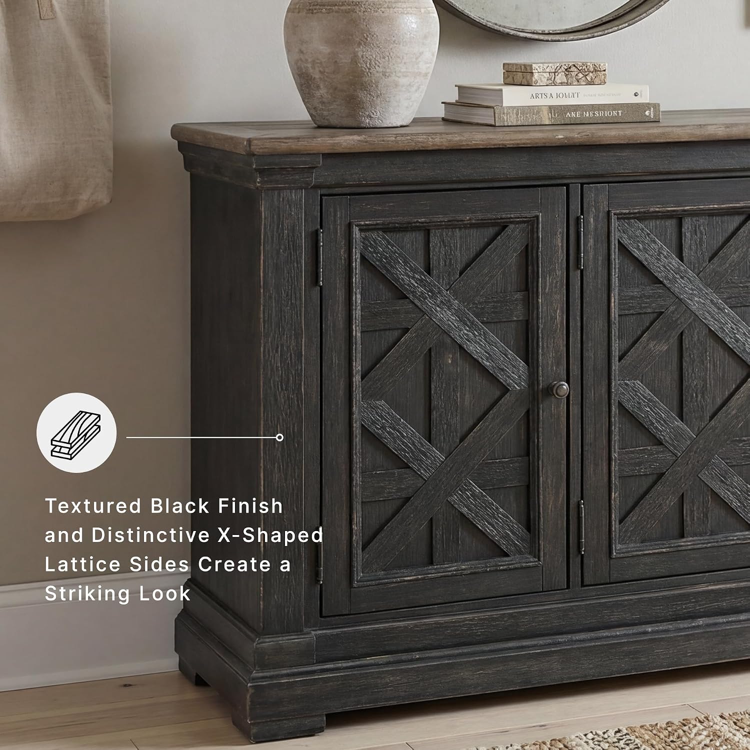 Signature Design by Ashley Tyler Creek Vintage Casual Dining Room Buffet Cabinet or Server with 3 Doors and Lattice Design, Wood, 36" High, Black & Gray