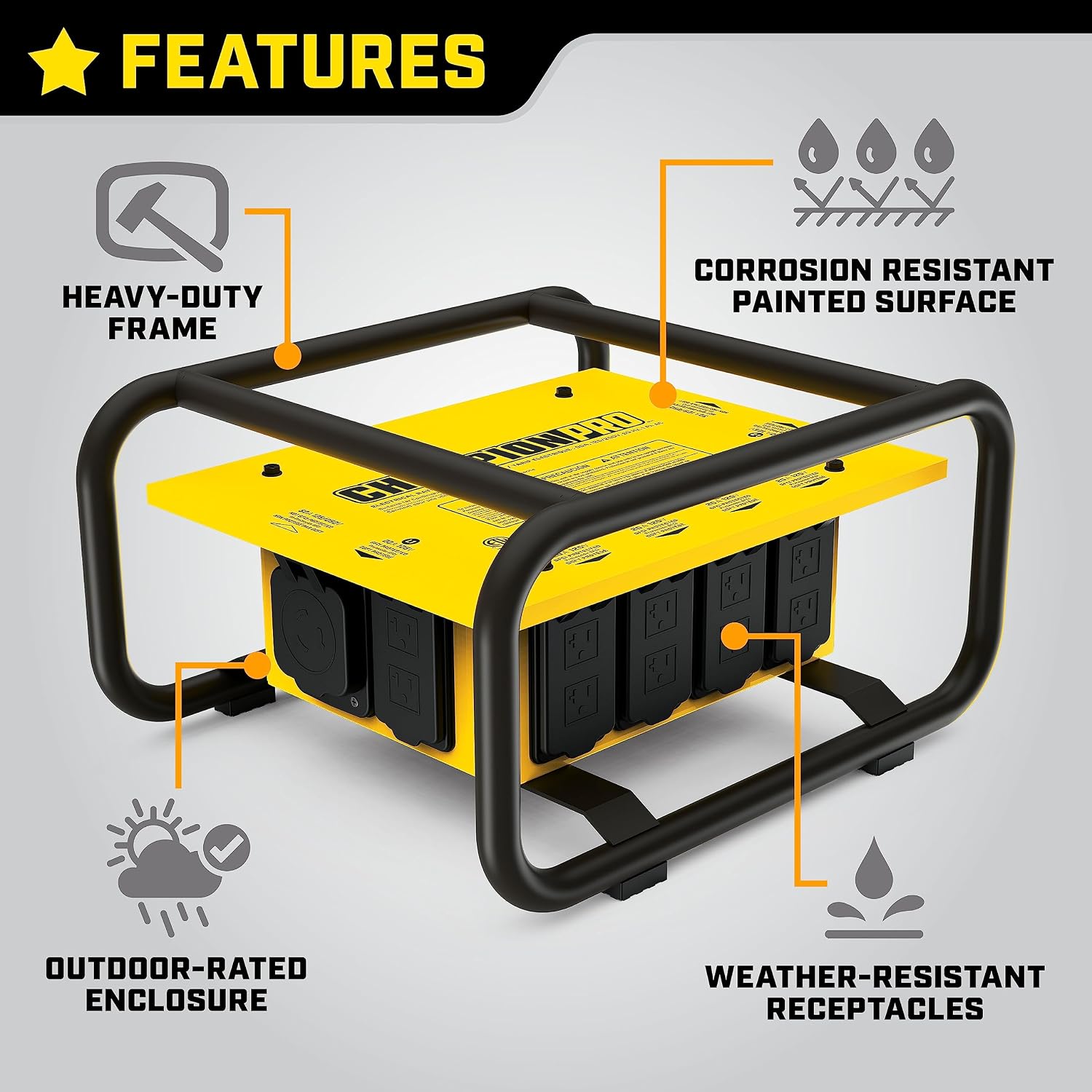 Champion Power Equipment Pro Grade OSHA Compliant Power Distribution Box, 50-Amp Twist Lock Inlet, Six 120V GFCI Duplexes, One 120/240V 30A Locking Outlet, 30A and 50A RV Adapters