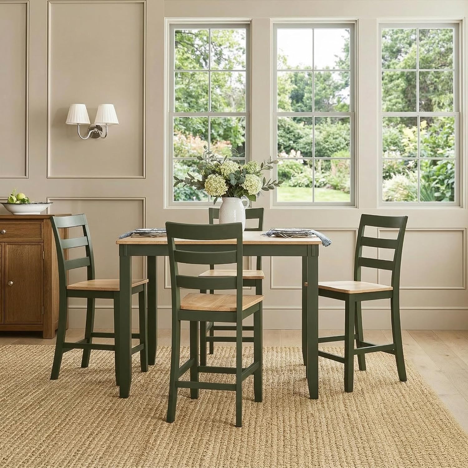 Signature Design by Ashley Gesthaven Counter Height Dining Set, 5-Piece Bar Table and Chairs Set with Butcher Block Top, Casual Green and Light Natural Mango Wood