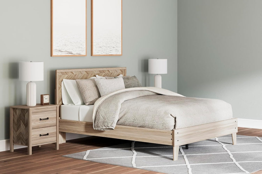 Signature Design by Ashley Battelle Mid-Century Modern Nightstand with Chevron Pattern, 2 Storage Drawers, Dark-Color Hardware, Wood, 24.5" High, Light Brown