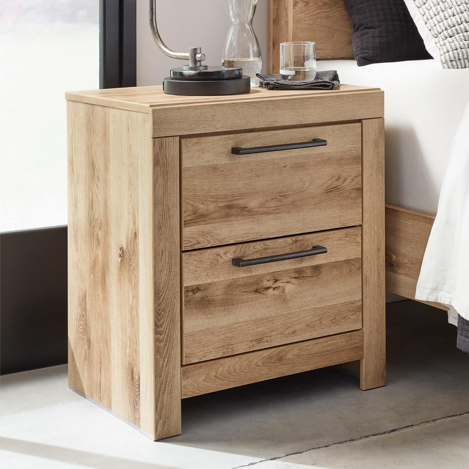 Signature Design by Ashley Hyanna Rustic Contemporary 2 Drawer Nightstand with 2 USB Charging Ports, Wood, 24.37" High, Light Golden Brown Finish