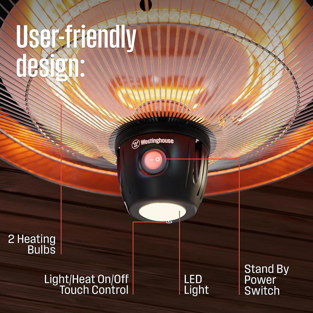 Westinghouse Outdoor Ceiling Patio Heater, Water Resistant, Adjustable Heat Output Up to 1500W, Auto Shut Off Overheat Protection, Hanging Infrared Heater for Patio Cover, Gazebo, & More - White