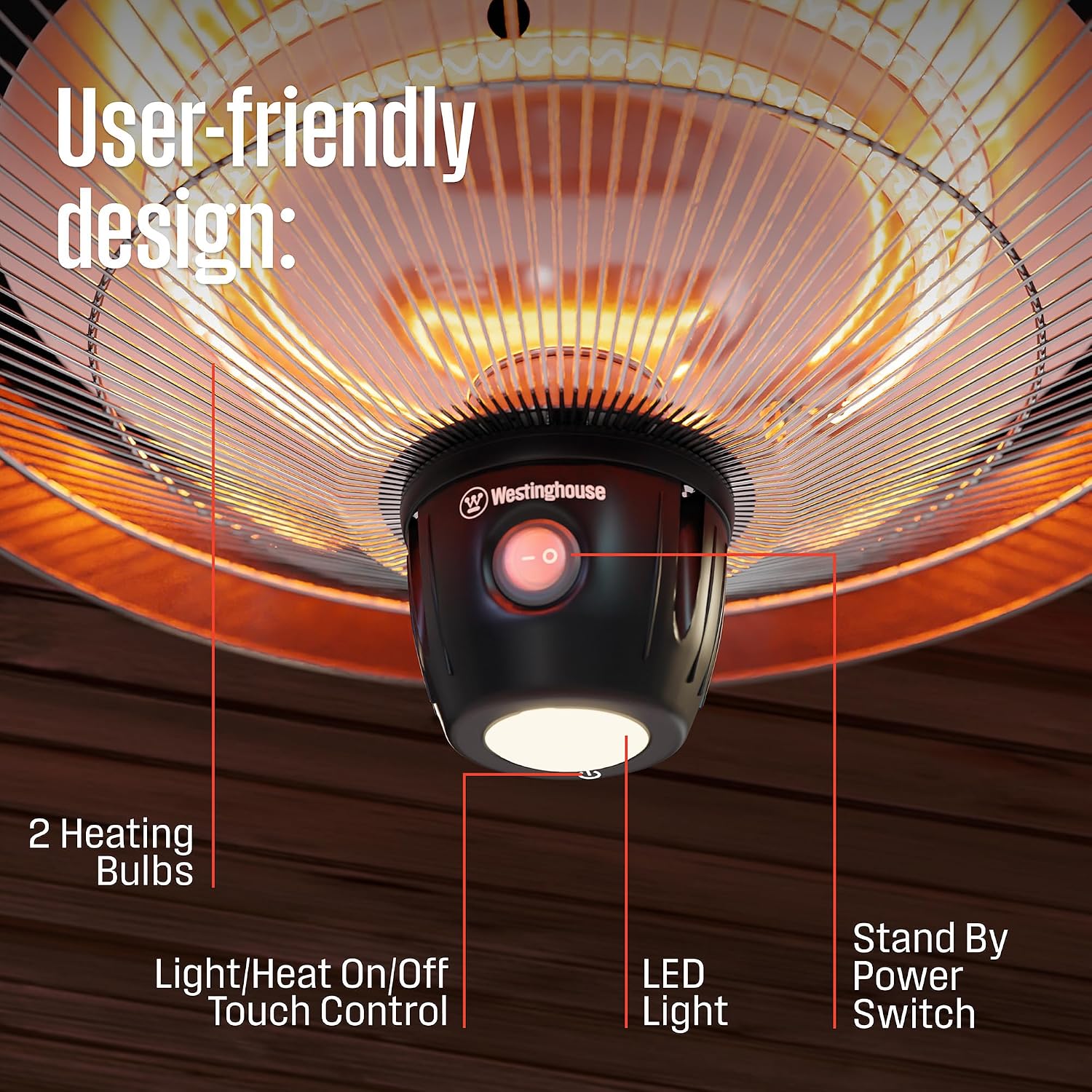 Westinghouse Outdoor Ceiling Patio Heater, Water Resistant, Adjustable Heat Output Up to 1500W, Auto Shut Off Overheat Protection, Hanging Infrared Heater for Patio Cover, Gazebo, & More - White