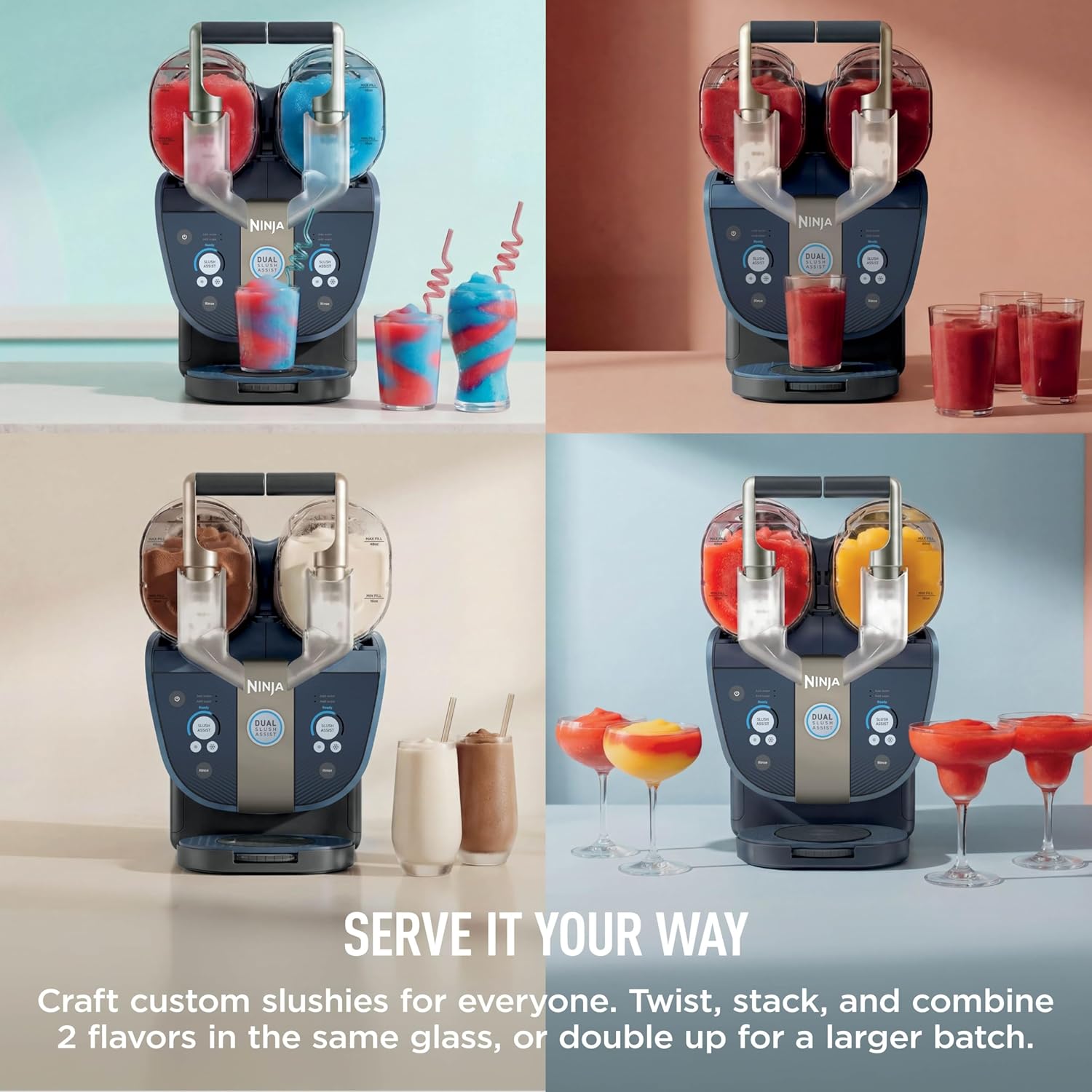 Ninja SLUSHi Twist Smart Frozen Drink Maker with Dual SlushAssist | Dual Barrel for 2 Flavors at Once | 144 oz |14 Temperature Controls, Frozen Cocktails, Margaritas, Slushies & More | Blue | FS701BL