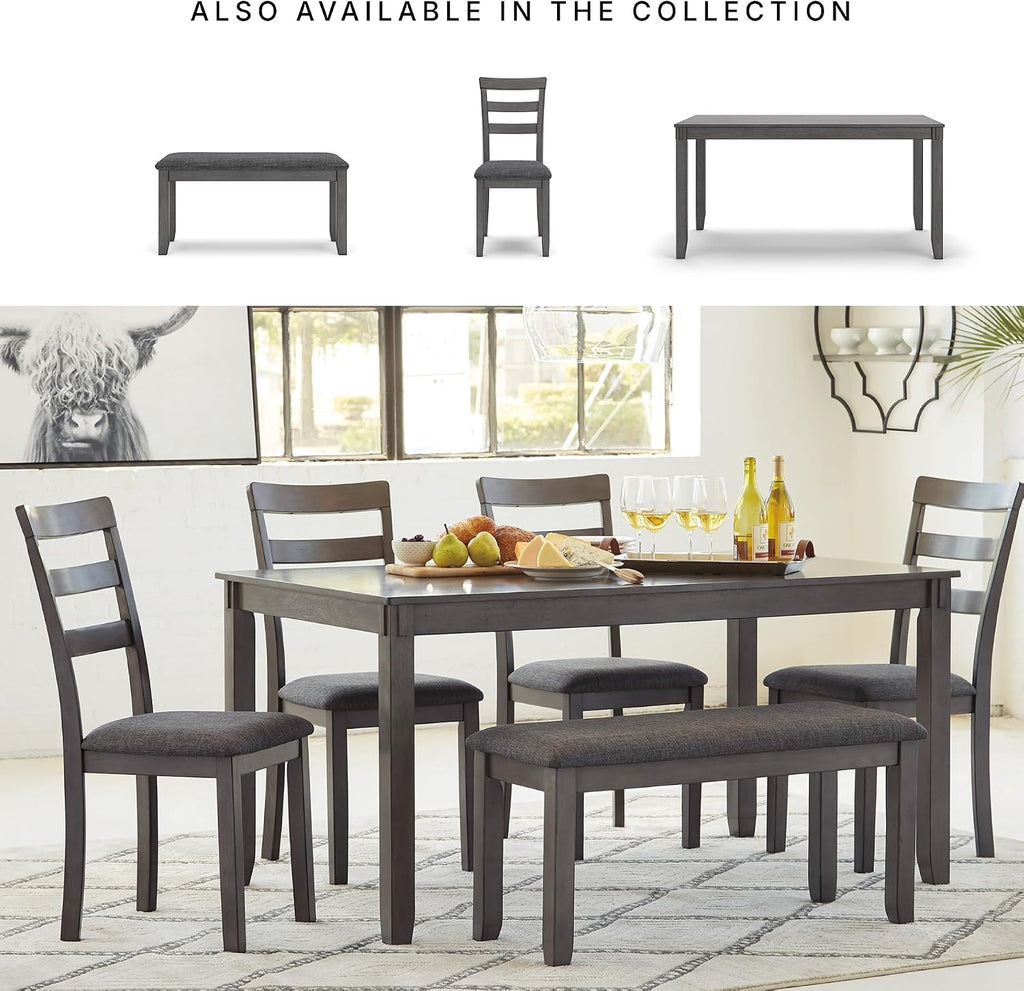 Signature Design by Ashley Bridson Dining Table Set For 6 With Bench, Wood 6‑Piece Kitchen Table And Chairs With Upholstered Seats, Transitional Charcoal Gray Dining Room Collection For Family Meals
