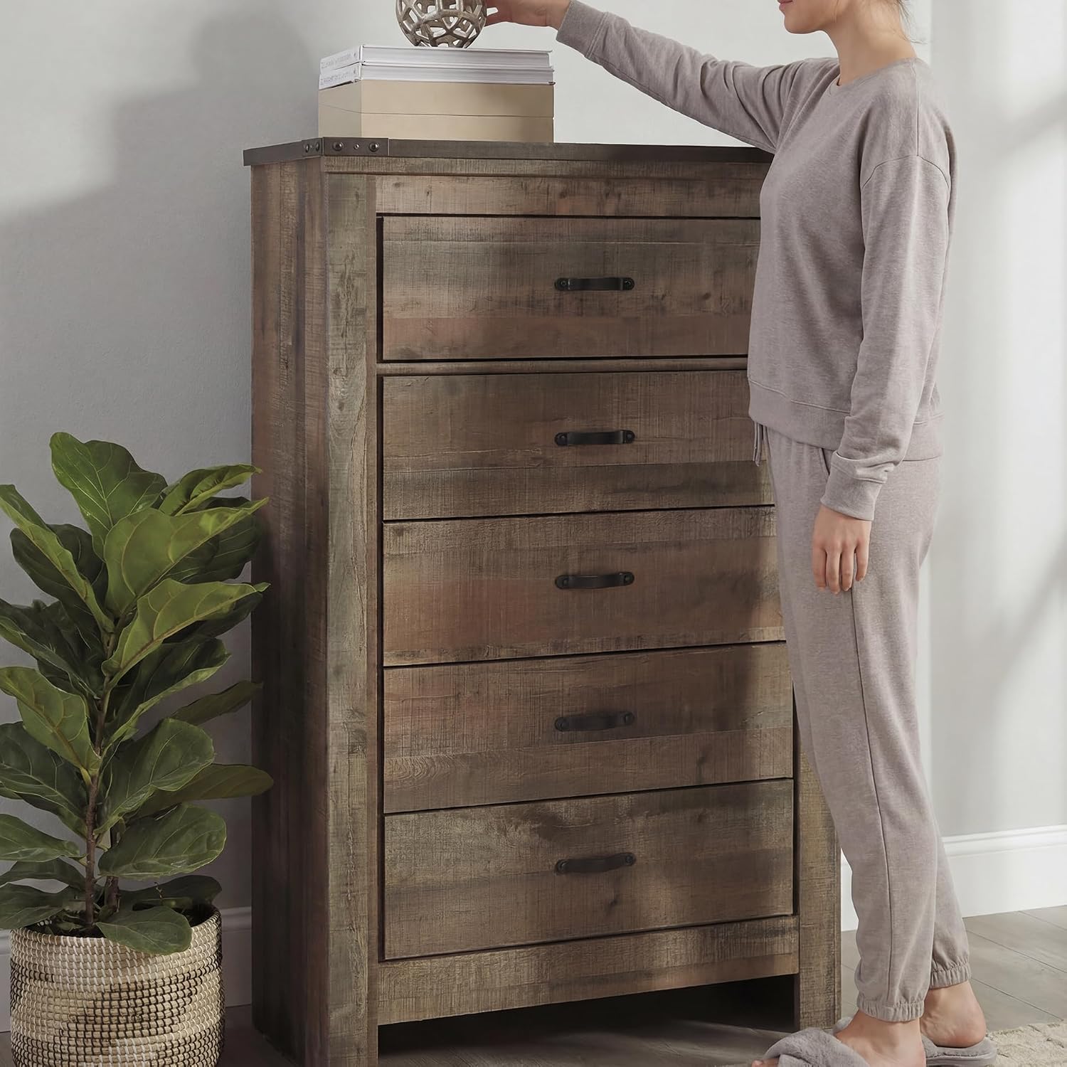 Signature Design by Ashley Trinell Rustic 5 Drawer Chest of Drawers with Nailhead Trim, Warm Brown
