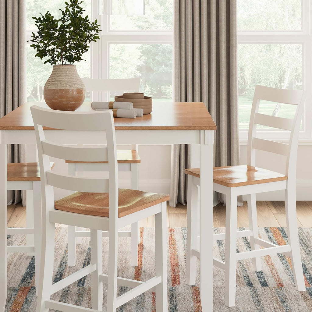 Signature Design by Ashley Gesthaven Dining Table Set, Counter Height Table with 4 Bar Stools, Butcher Block Veneer Top, Two-Tone White/Natural Mango Finish