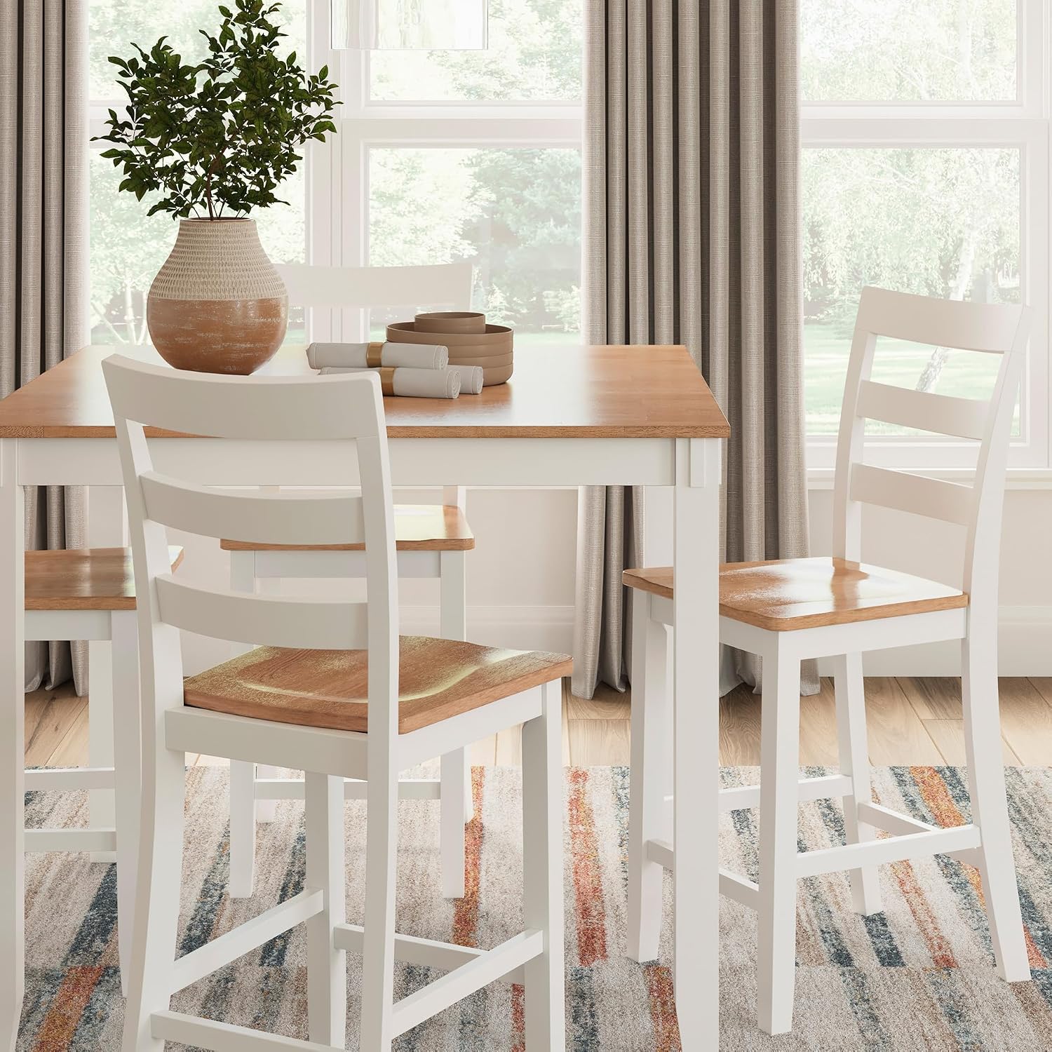 Signature Design by Ashley Gesthaven Dining Table Set, Counter Height Table with 4 Bar Stools, Butcher Block Veneer Top, Two-Tone White/Natural Mango Finish