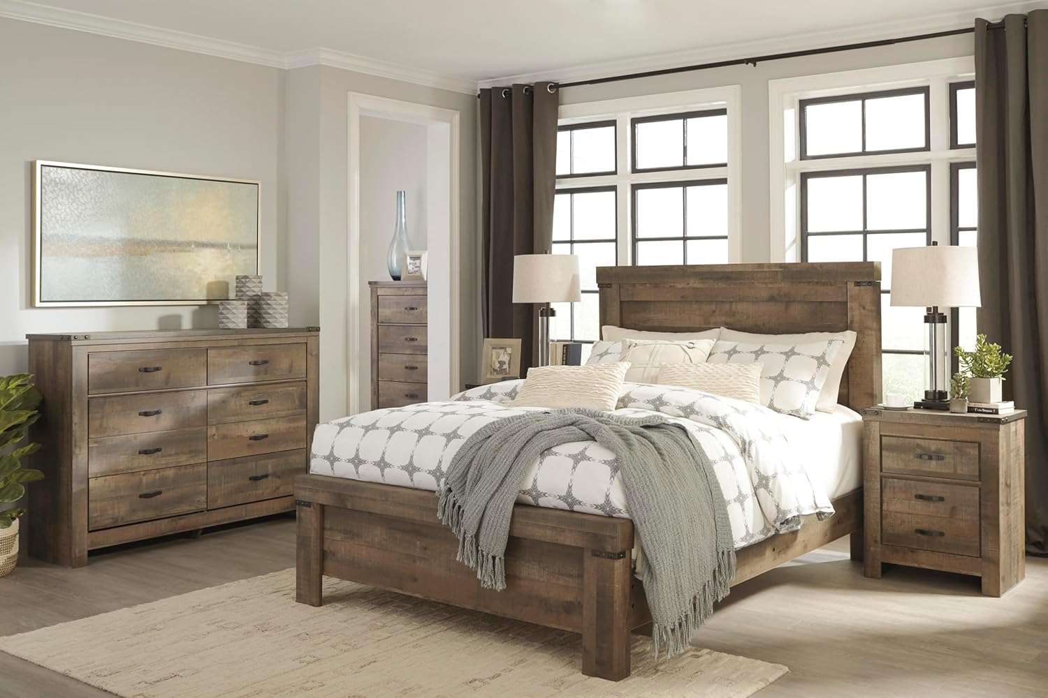 Signature Design by Ashley Trinell Rustic 5 Drawer Chest of Drawers with Nailhead Trim, Warm Brown