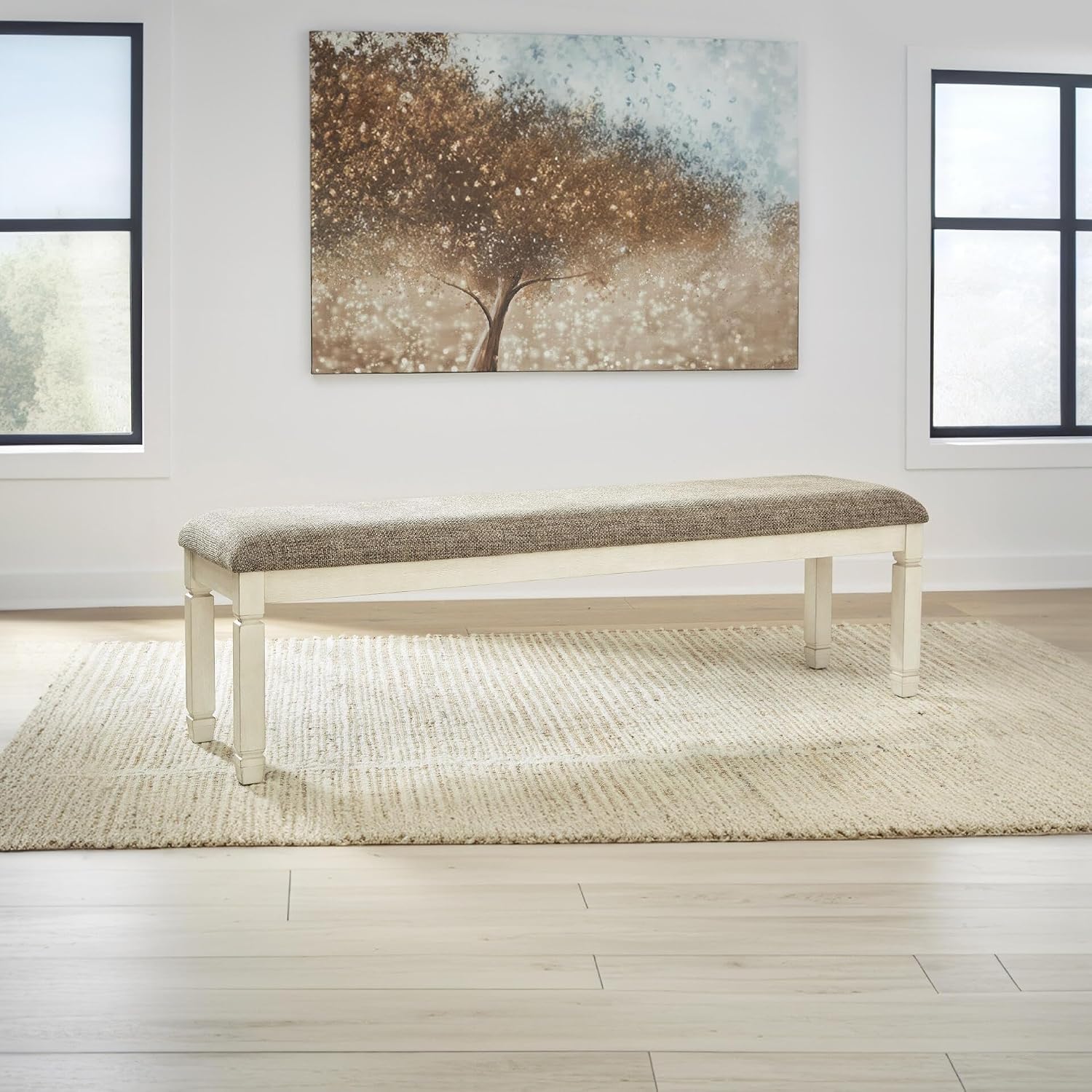 Signature Design by Ashley Bolanburg Casual 65" Upholstered Dining Room Bench with Foam Cushion, Antique Cream & Brown