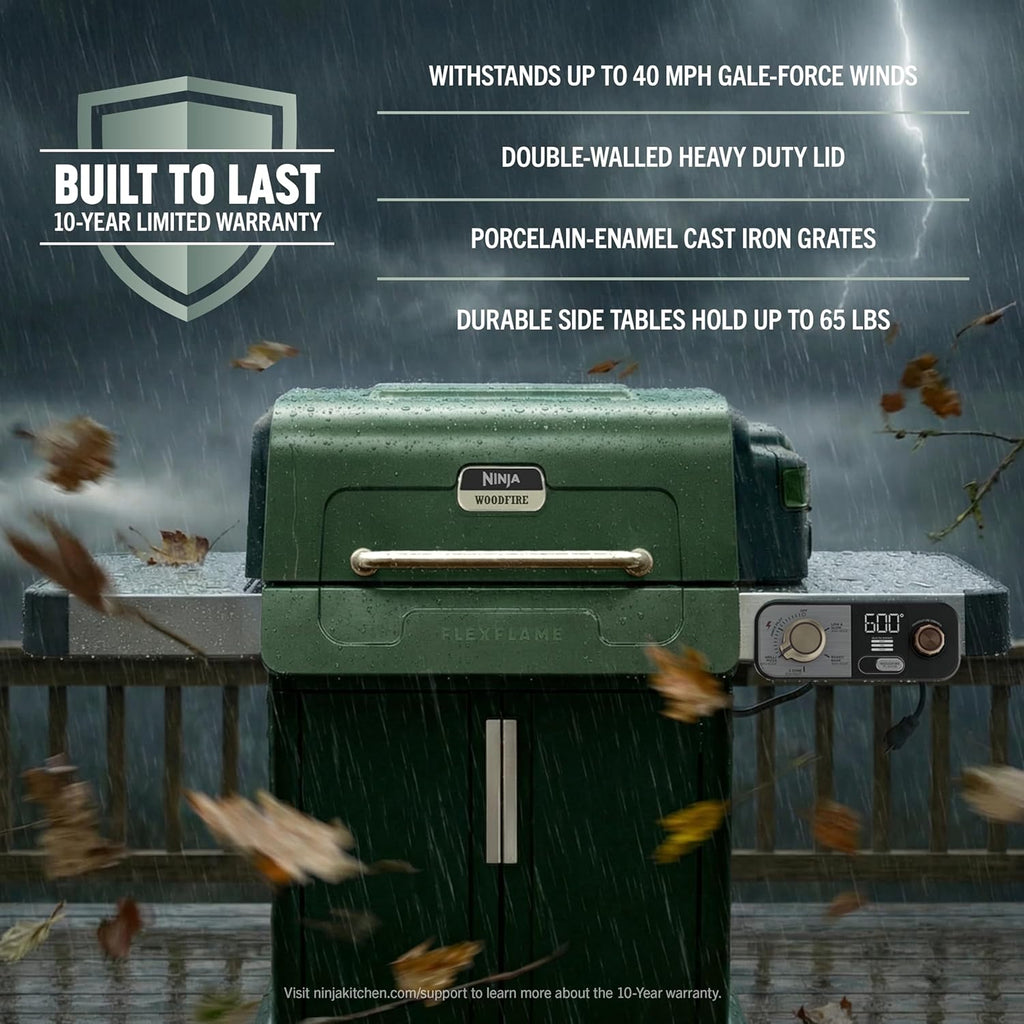 Ninja FlexFlame Grill and Smoker | Electric and Propane Grill, Roaster, BBQ Grill | 5-in-1 Cooking System | 3 Burner | Digital Control | Outdoor Cooking, Griddle, Pizza Maker | Green | PG301GN