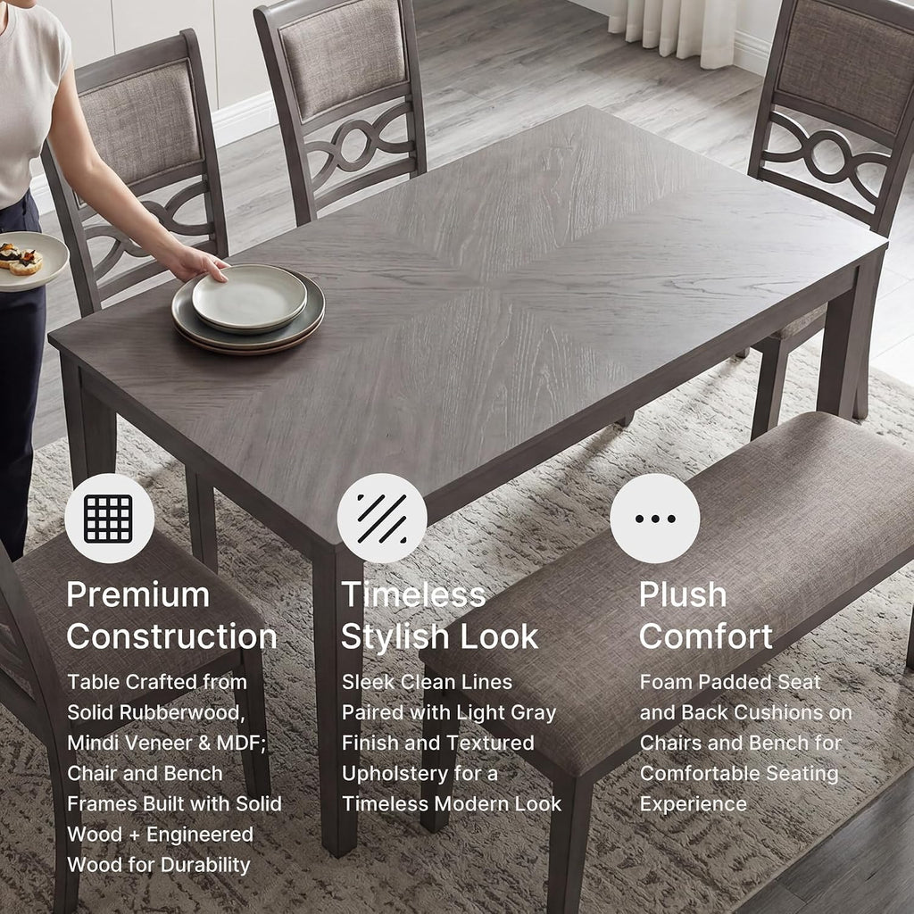 Signature Design by Ashley Wrenning Diamond Patterned Dining Table Set, 4 Upholstered Chairs and Bench, Seats 6, Wood, Gray