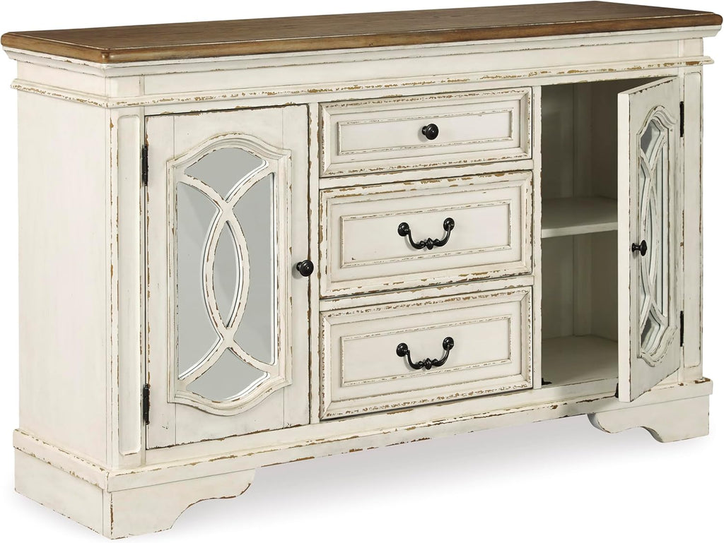 Signature Design by Ashley Realyn French Country Distressed Dining Room Server, 3 Drawers, 2 Cabinet Doors, Wood, 59" W x 17" D x 36.5" H, Chipped White