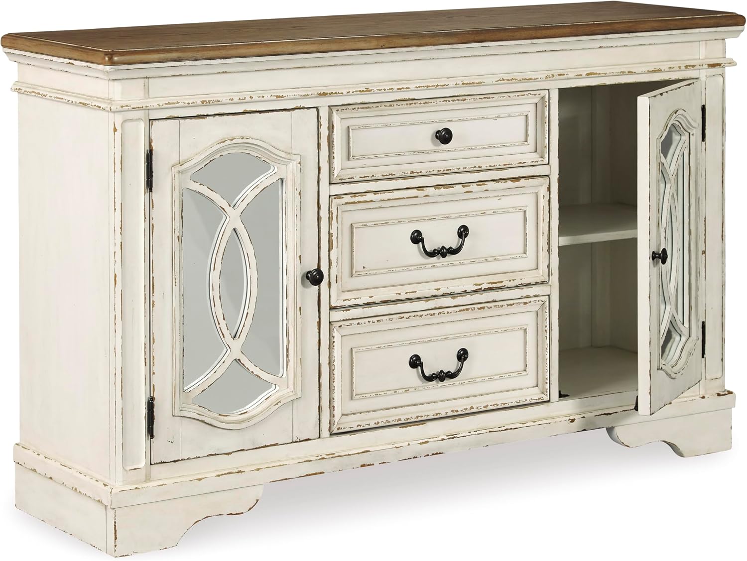 Signature Design by Ashley Realyn French Country Distressed Dining Room Server, 3 Drawers, 2 Cabinet Doors, Wood, 59" W x 17" D x 36.5" H, Chipped White