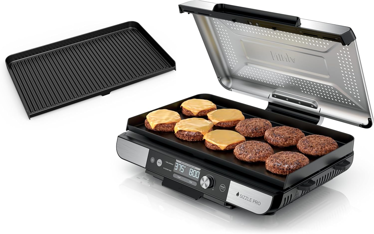 Ninja Sizzle Pro XL 20-Inch Indoor Griddle + Grill, Detachable Ventilated Lid, Grease Control, Ceramic Nonstick Plates, Even Edge Cooking, Extra Large Capacity, Versatile, Silver, GX101
