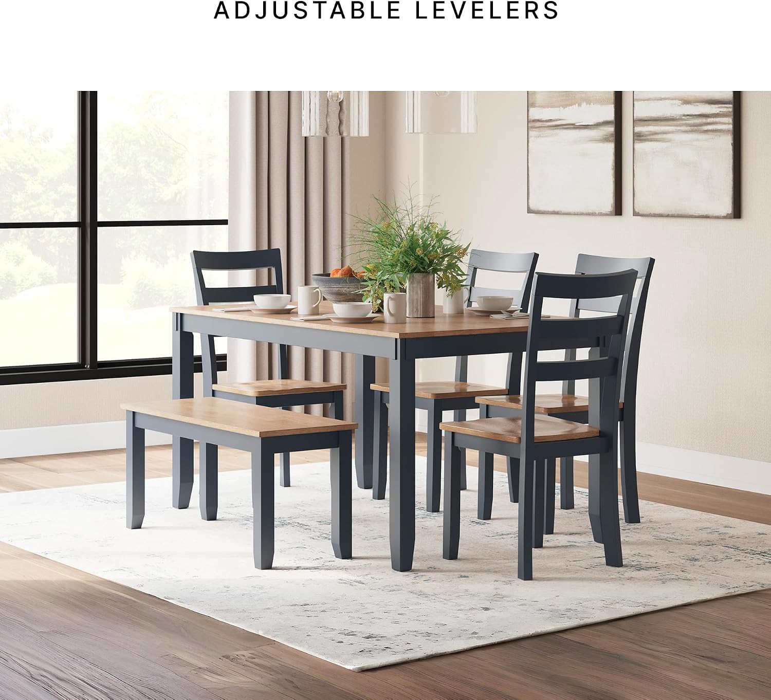 Signature Design by Ashley Gesthaven Casual Dining Room Table Set with 4 Chairs and Bench, Set of 6, Mango Wood, 30.25" Table Height, Blue & Light Brown