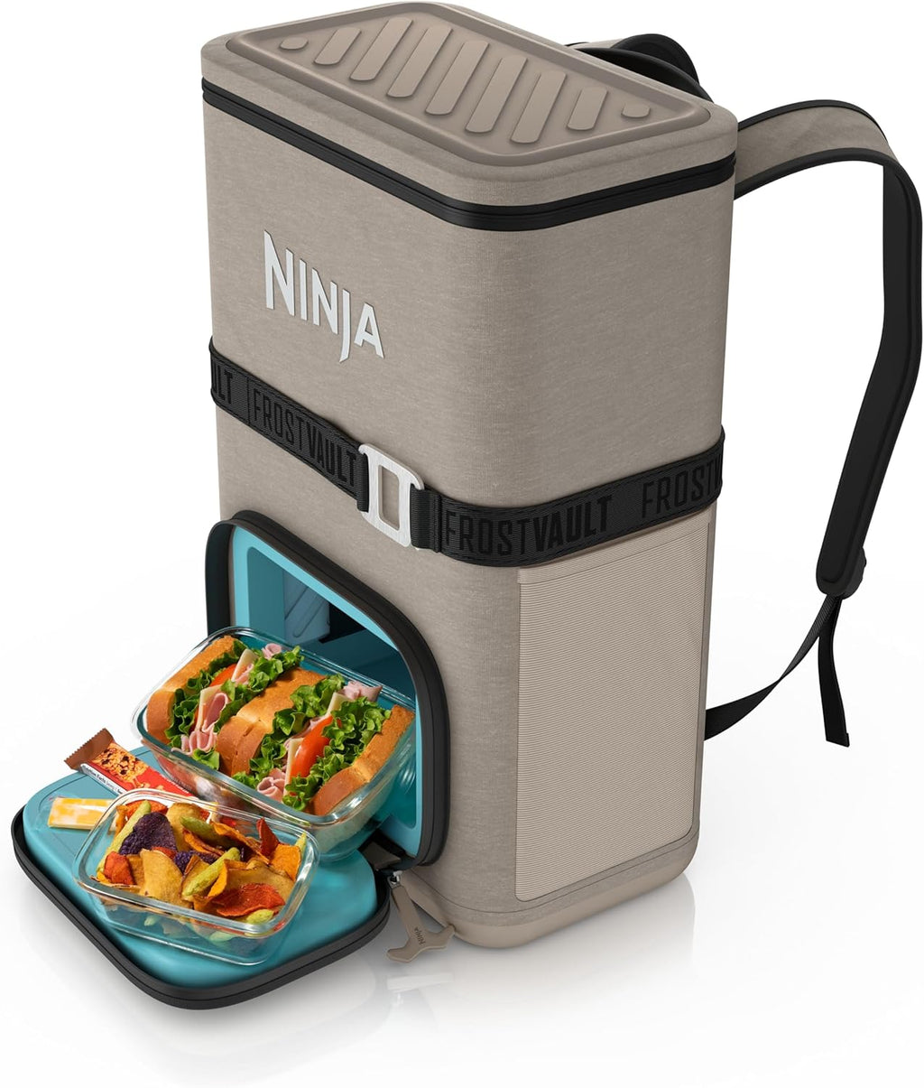 Ninja | Backpack Cooler | FrostVault Go 24 Can Soft Cooler | Leakproof Zipper with Built in Can Opener, 2 Ice Packs & Dry Storage Drawer | for Hiking, Camping & More | Birch Beige | FF124CS