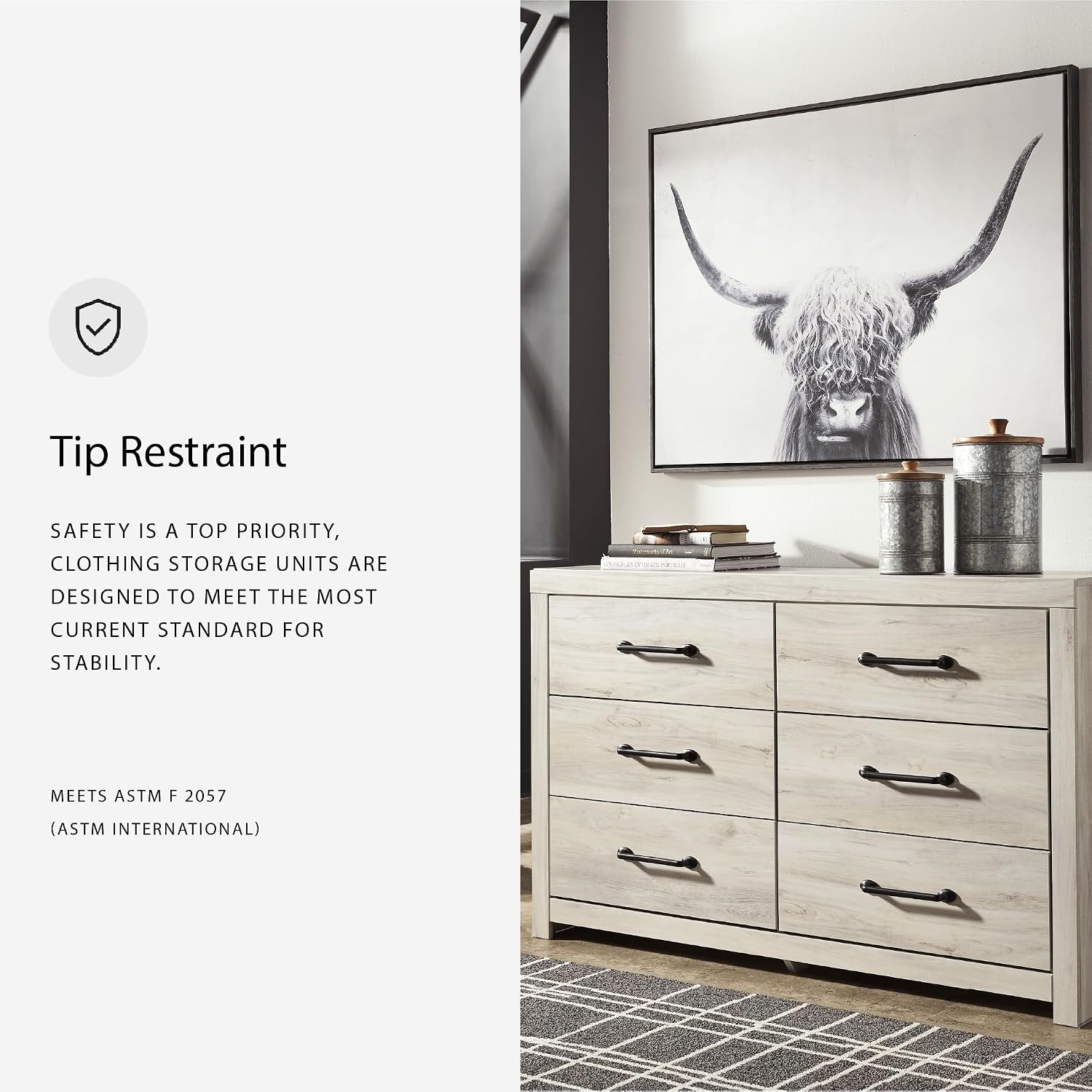 Signature Design by Ashley Cambeck Farmhouse Industrial 6 Drawer Dresser, Whitewash