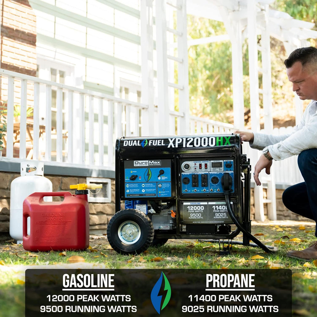 DuroMax XP12000HX 12,000-Watt Dual Fuel Portable Generator - Gas & Propane, Electric Start, Whole Home Power Backup, Transfer Switch Ready, RV & Emergency Ready