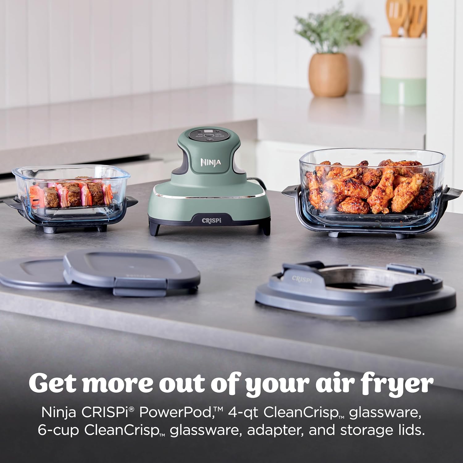Ninja Crispi 4-in-1 Glass Air Fryer | With Non-Toxic 4QT & 6-Cup Glass Containers & Lids | Microwave, Freezer, Dishwasher Safe | 450°F Max Temp |1500 Watt | Green | FN101SG
