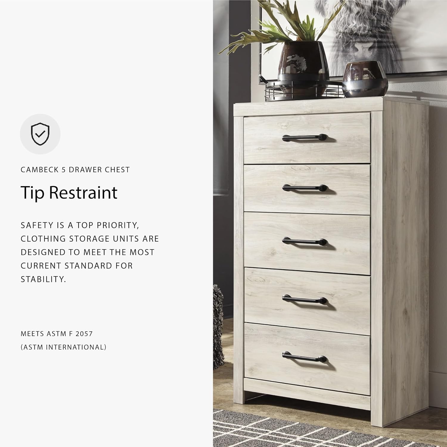 Signature Design by Ashley Cambeck Vintage Casual Chest With 5 Smooth-Gliding Drawers, Meets ASTM International Safety Standards, Whitewash Finish, 31.73' W