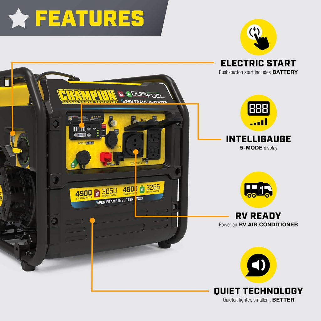 Champion Power Equipment 4,500-Watt Electric Start Dual Fuel RV Ready Portable Open Frame Inverter Generator with Quiet Technology and Free 3-Year Warranty