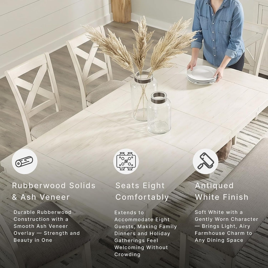 Signature Design by Ashley Robbinsdale Casual Removable Center Leaf Dining Extension Table with Trestle Base, Wood, Ash Veneer, Tabletop with Planked Effect, 2 Removable Center Leaves, Seats 8, White