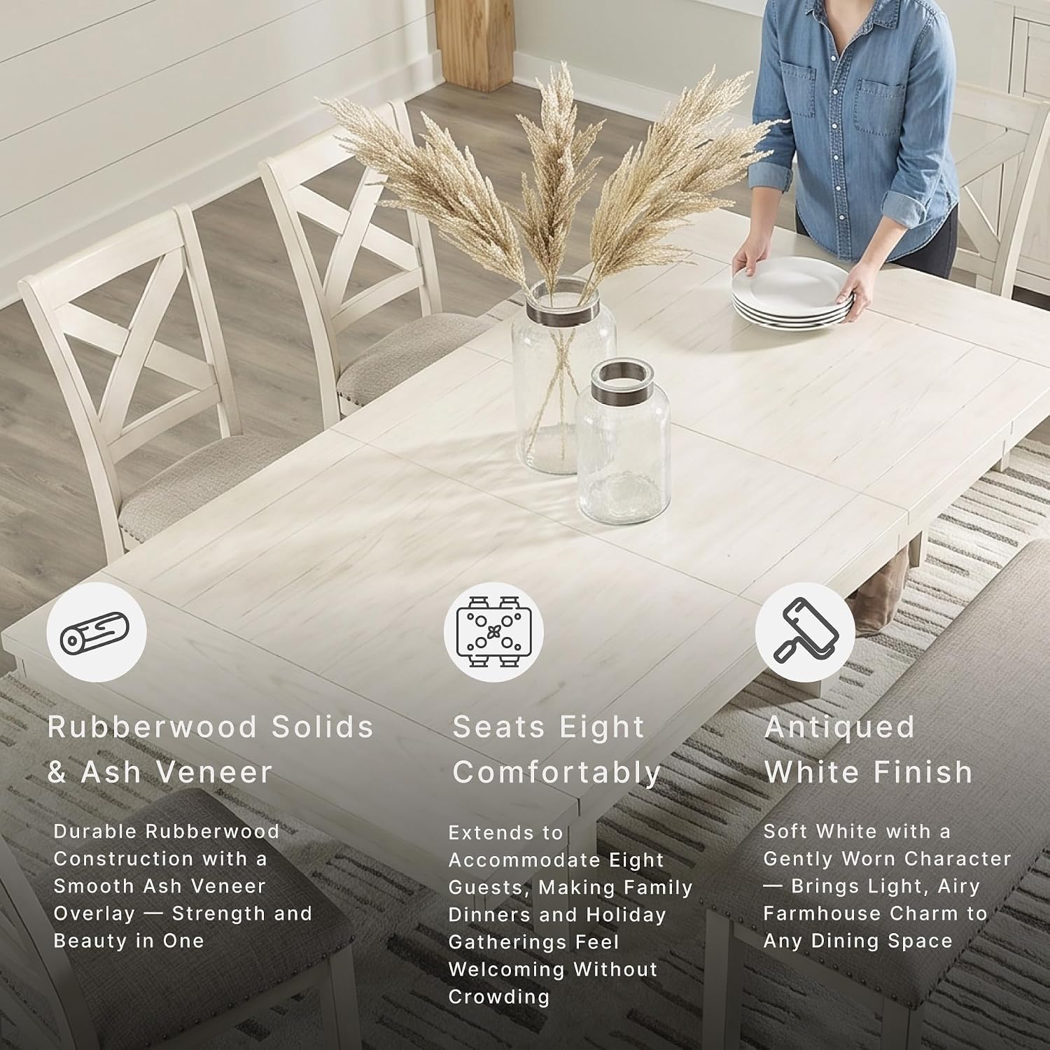 Signature Design by Ashley Robbinsdale Casual Removable Center Leaf Dining Extension Table with Trestle Base, Wood, Ash Veneer, Tabletop with Planked Effect, 2 Removable Center Leaves, Seats 8, White