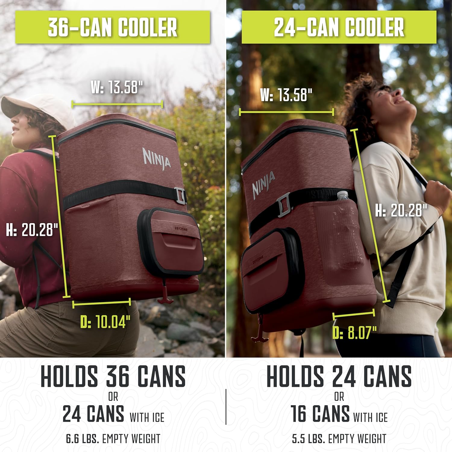 Ninja | Backpack Cooler | FrostVault Go 24 Can Soft Cooler | Leakproof Zipper with Built in Can Opener, 2 Ice Packs & Dry Storage Drawer | for Hiking, Camping & More | Canyon Red | FF124MR