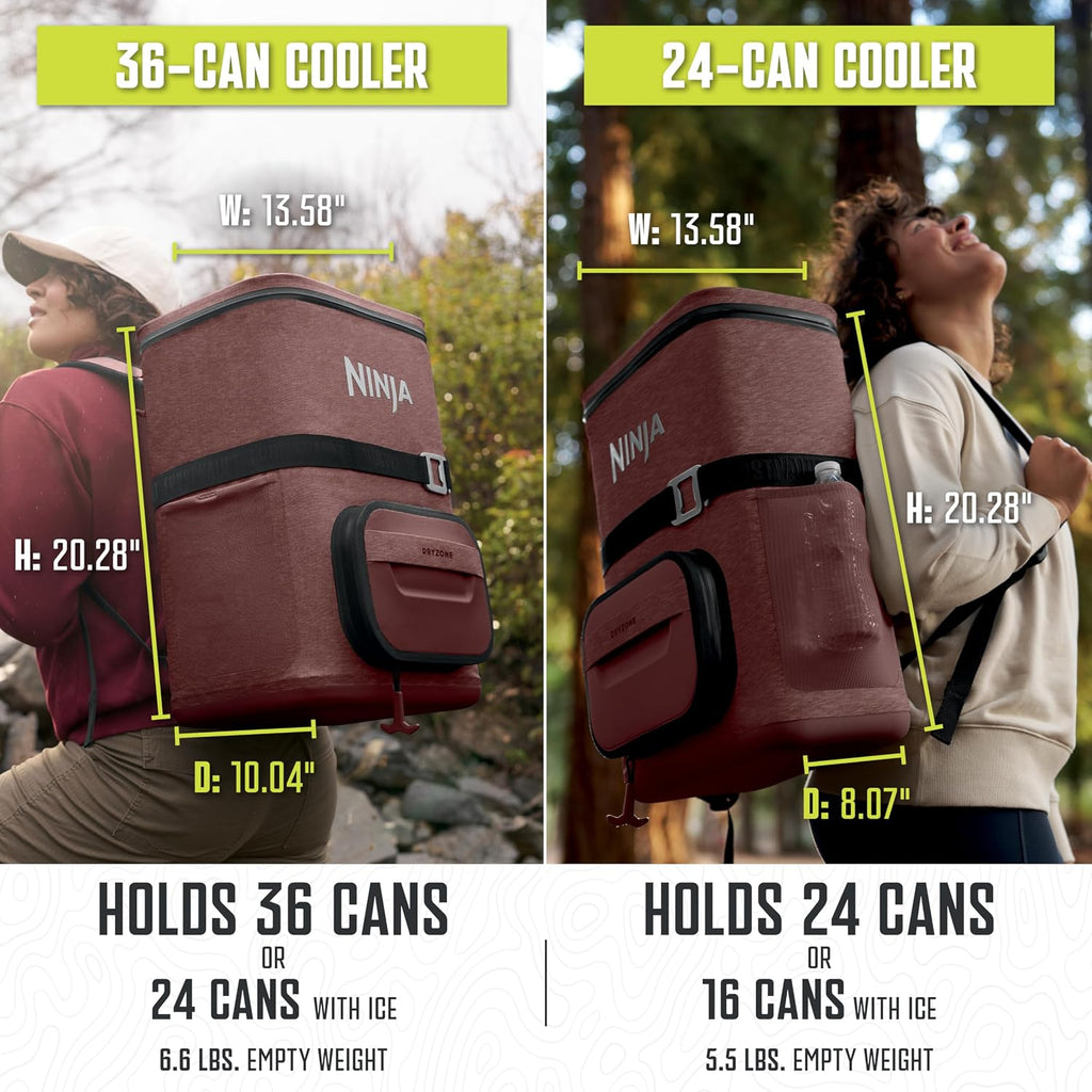 Ninja | Backpack Cooler | FrostVault Go 36 Can Soft Cooler | Leakproof Zipper with Built in Can Opener, 2 Ice Packs & Dry Storage Drawer | for Hiking, Camping & More | Canyon Red | FF136MR