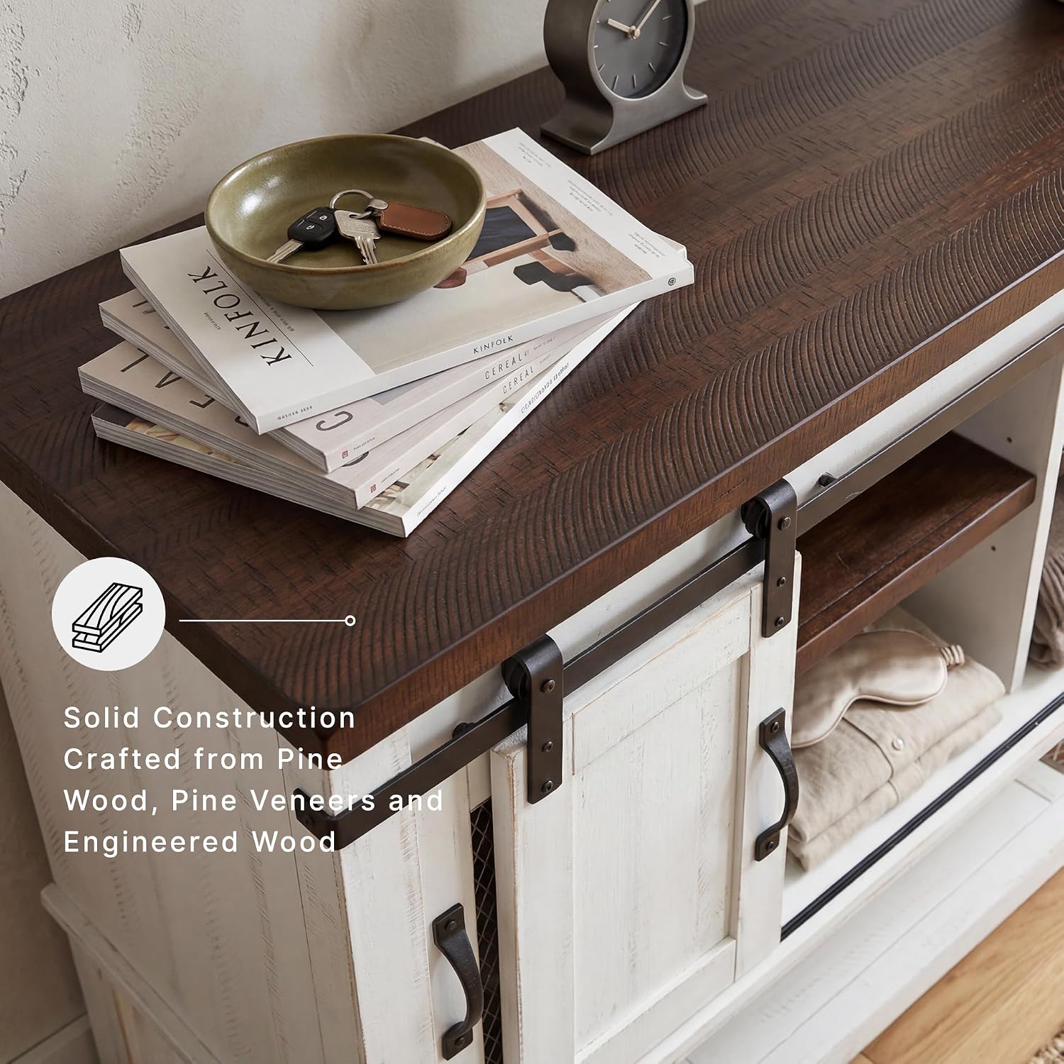 Signature Design by Ashley Valebeck Farmhouse Dining Room Server or Buffet Cabinet, White & Brown