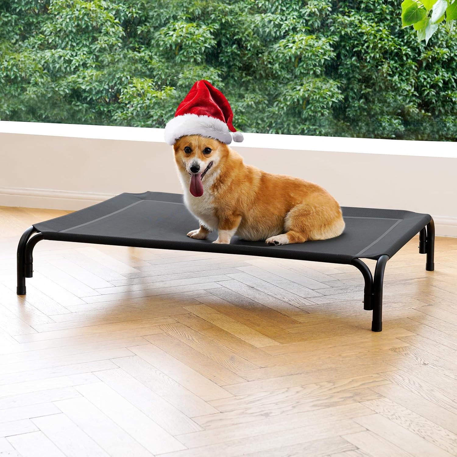 Elevated Dog Bed Raised Outdoor Dog Cot for Large Dogs, Installation Requires No Tools, Frame with Washable Cooling Breathable Mesh Anti-Slip Feet, Indoor Pet Bed, Black, 43.3 Inches