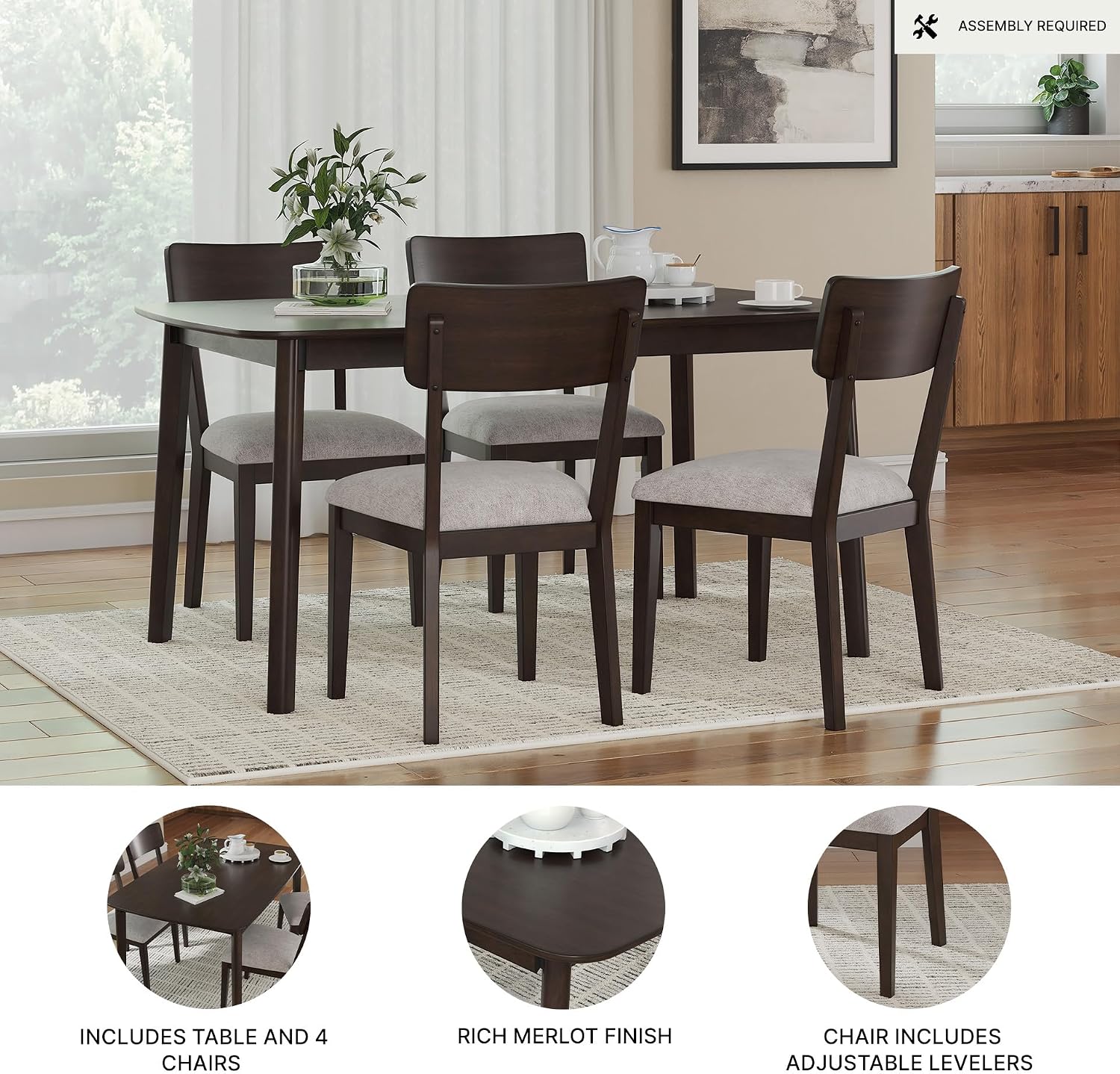 Signature Design by Ashley Favelon Mid-Century Modern Dining Table and Chairs Set with Cushioned Seat, Set of 5, Dark Brown & Gray