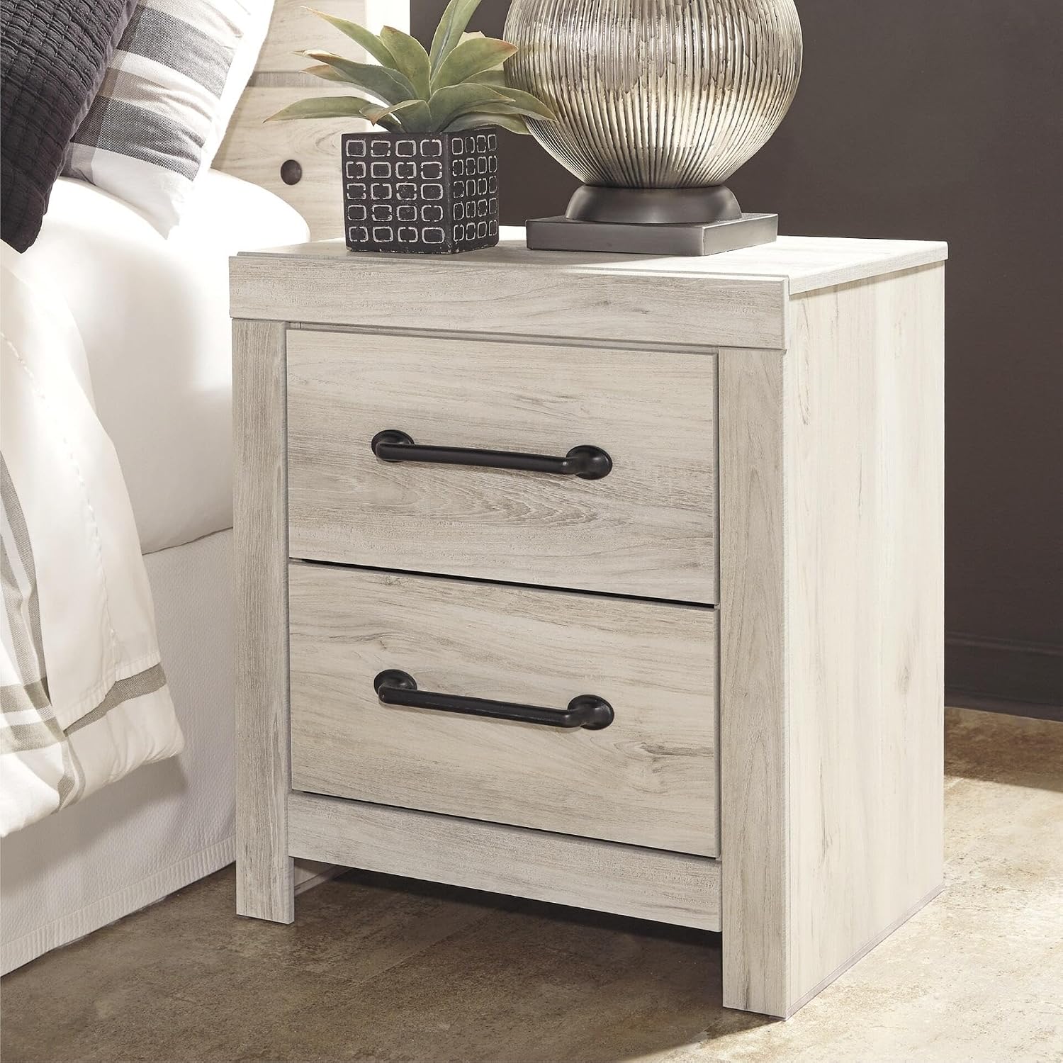 Signature Design by Ashley Cambeck Farmhouse Industrial 2 Drawer Two Drawer Nightstand with 2 Slim-Profile USB Charging Stations, 24.37" Tall, Whitewash