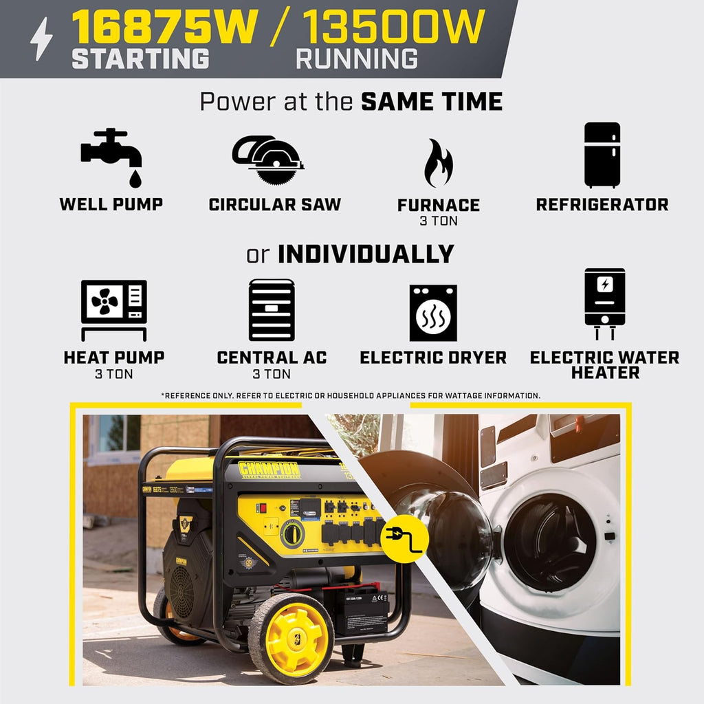 Champion Power Equipment 16,875-Watt Electric Start Home Backup Portable Generator with Free 3-Year Warranty