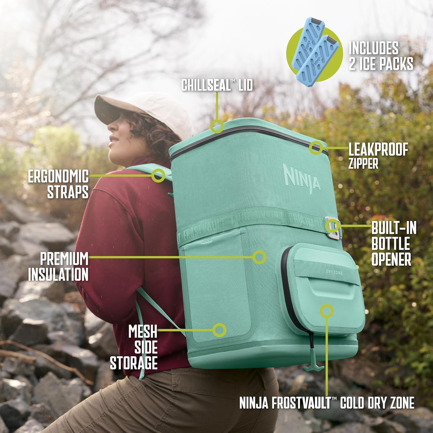 Ninja FrostVault Go Can Soft Cooler, 24, 36, Leak Proof, Built-in Cup Holder, 2 Ice Packs and Dry Storage Drawer, Polyester Insulation, Hiking, Camping, Picnic