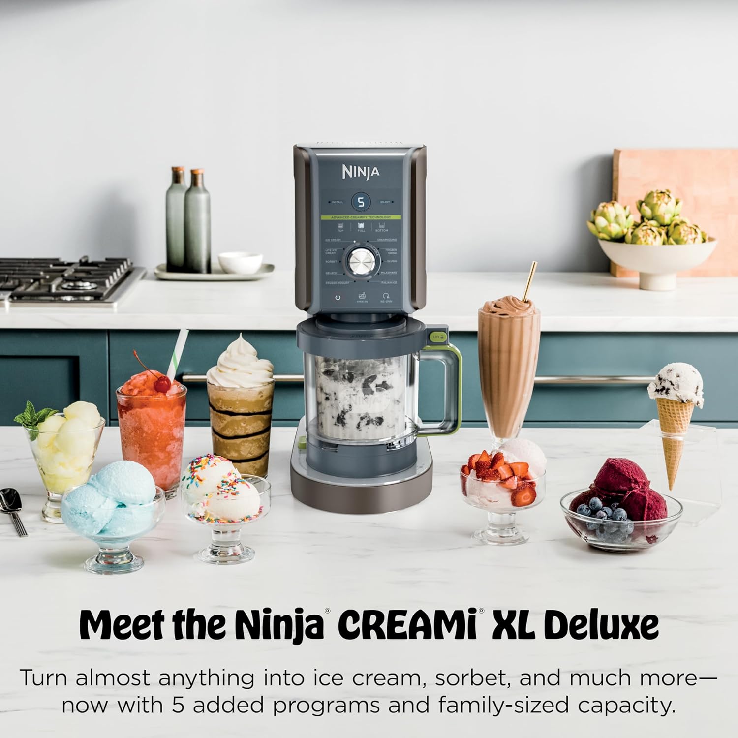 Ninja CREAMi Deluxe Ice Cream Maker | 11-in-1 Create Frozen Desserts, Sorbet, Milkshakes, Yogurt & More | Includes 2 Dishwasher Safe XL 24 Oz. Tubs with storage lids | Blue | NC501ND